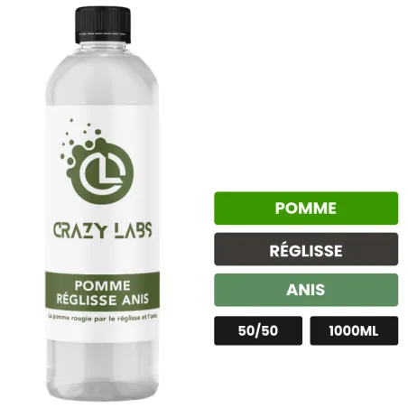 E-liquide Pomme Réglisse Anis de Crazy Labs, 1000 ml, saveurs pomme, réglisse et anis, sans nicotine de nicotine.