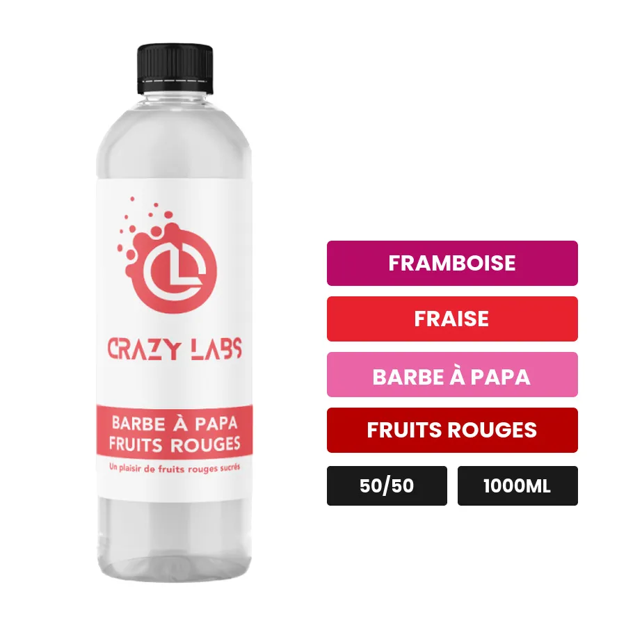 E-liquide Barbe à Papa Fruits Rouges de Crazy Labs, 1000 ml, saveurs framboise, fraise, barbe à papa et 1 autre, sans.