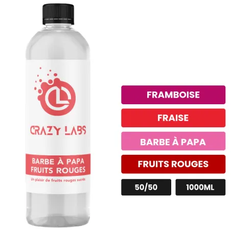 E-liquide Barbe à Papa Fruits Rouges de Crazy Labs, 1000 ml, saveurs framboise, fraise, barbe à papa et 1 autre, sans.