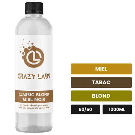 E-liquide Classic Blond Miel Noir de Crazy Labs, 1000 ml, saveurs miel, tabac et blond, sans nicotine de nicotine.