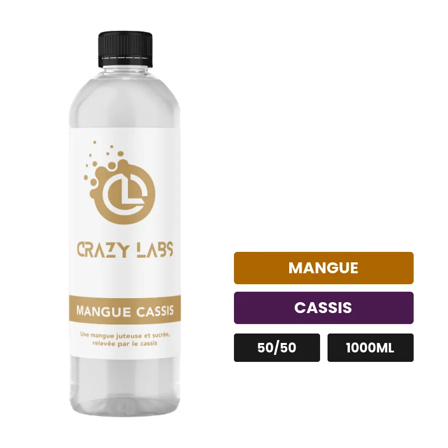E-liquide Mangue Cassis de Crazy Labs, 1000 ml, saveurs mangue et cassis, sans nicotine de nicotine.