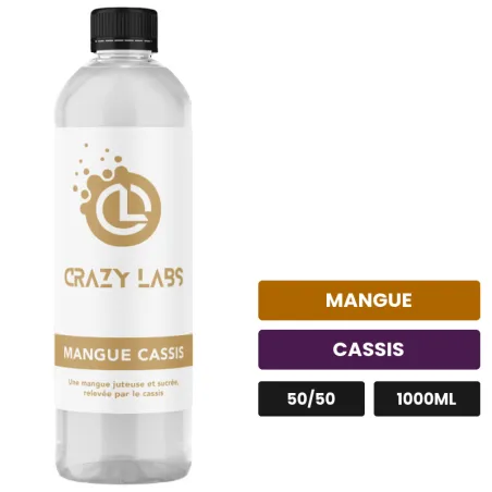 E-liquide Mangue Cassis de Crazy Labs, 1000 ml, saveurs mangue et cassis, sans nicotine de nicotine.
