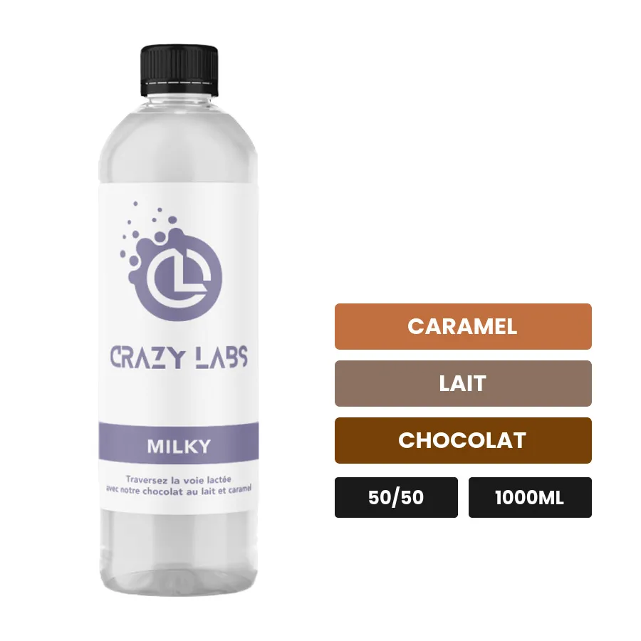 E-liquide Milky de Crazy Labs, 1000 ml, saveurs caramel, lait et chocolat, sans nicotine de nicotine.