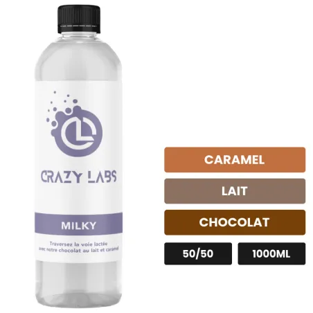 E-liquide Milky de Crazy Labs, 1000 ml, saveurs caramel, lait et chocolat, sans nicotine de nicotine.