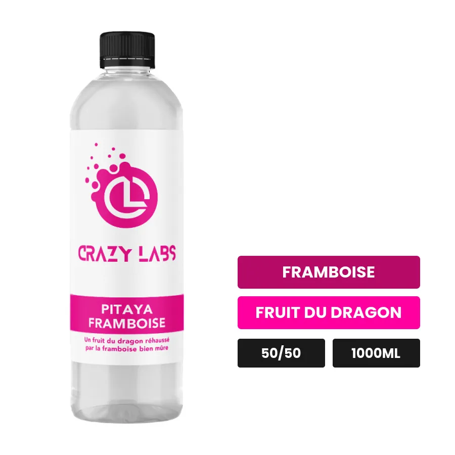 E-liquide Pitaya Framboise de Crazy Labs, 1000 ml, saveurs framboise et fruit du dragon, sans nicotine de nicotine.