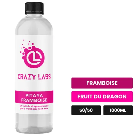 E-liquide Pitaya Framboise de Crazy Labs, 1000 ml, saveurs framboise et fruit du dragon, sans nicotine de nicotine.