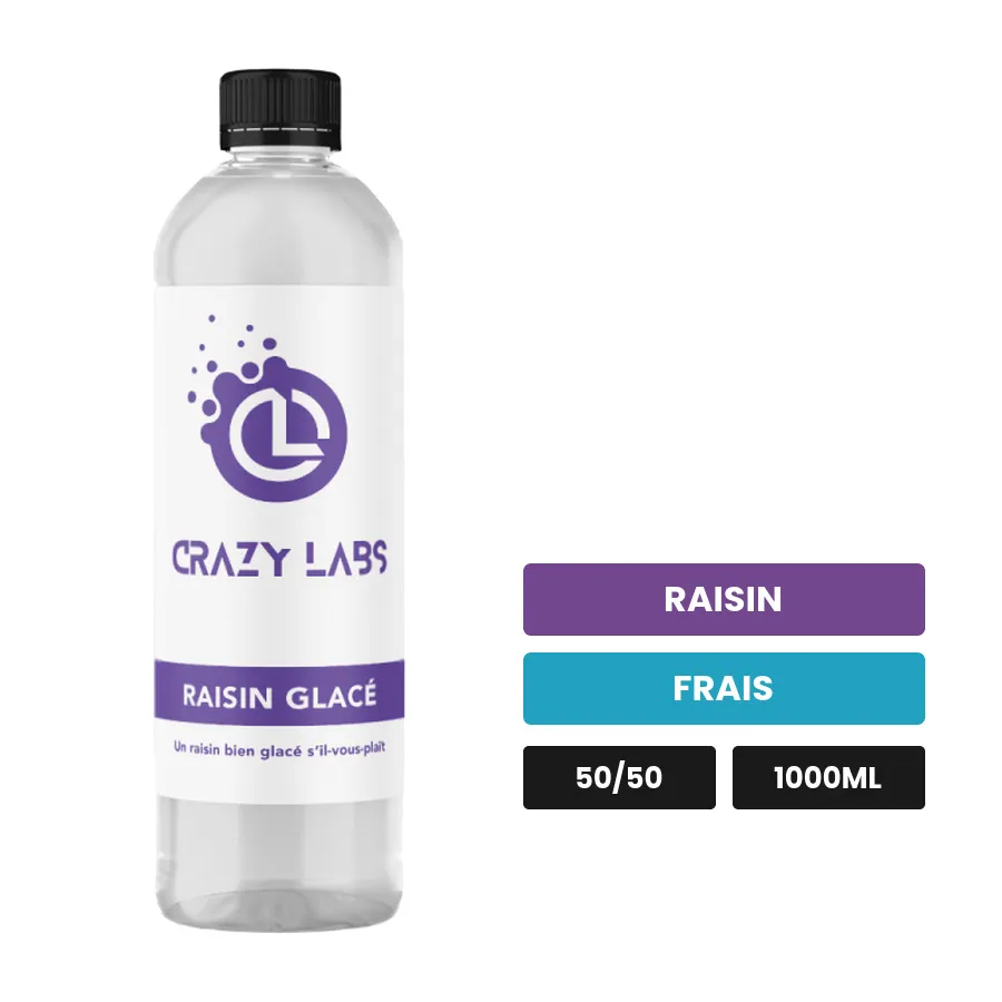 E-liquide Raisin Glacé de Crazy Labs, 1000 ml, saveurs raisin et frais, sans nicotine de nicotine.