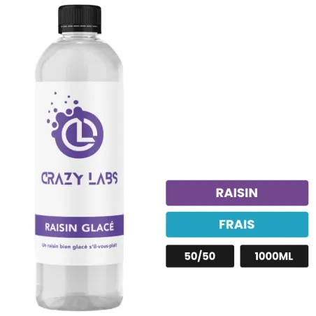 E-liquide Raisin Glacé de Crazy Labs, 1000 ml, saveurs raisin et frais, sans nicotine de nicotine.
