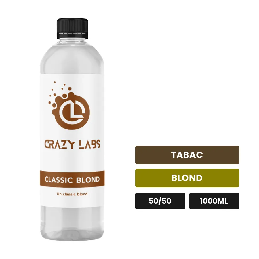 E-liquide Classic Blond de Crazy Labs, 1000 ml, saveurs tabac et blond, sans nicotine de nicotine.