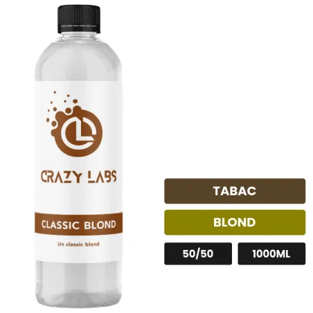 E-liquide Classic Blond de Crazy Labs, 1000 ml, saveurs tabac et blond, sans nicotine de nicotine.