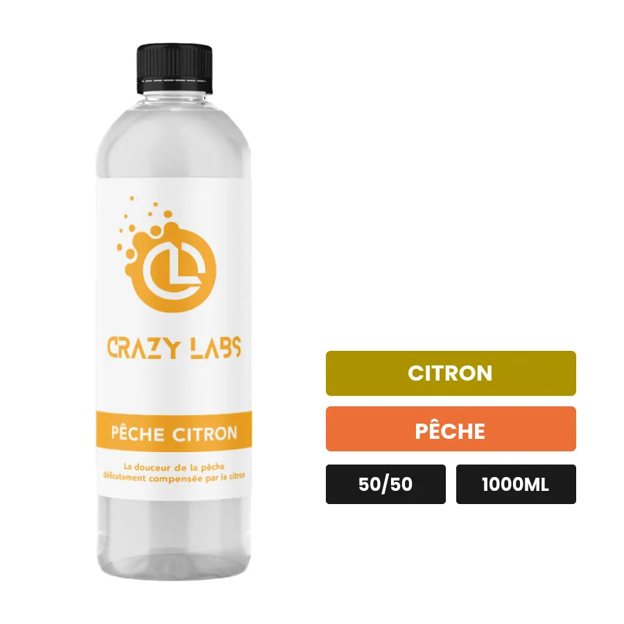 E-liquide Pêche Citron de Crazy Labs, 1000 ml, saveurs citron et pêche, sans nicotine de nicotine.