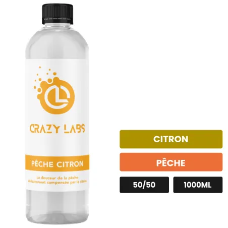 E-liquide Pêche Citron de Crazy Labs, 1000 ml, saveurs citron et pêche, sans nicotine de nicotine.
