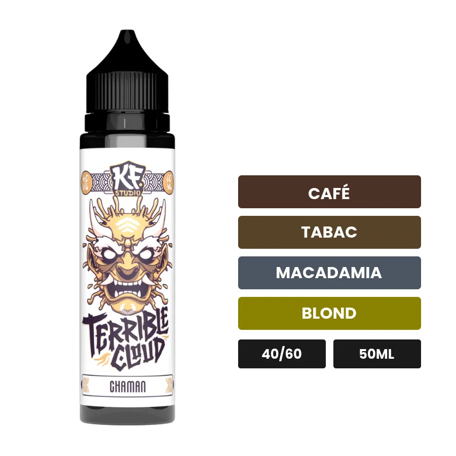 E-liquide Le Chaman de Cloud Vapor, 50 ml, saveurs café, tabac, macadamia et 1 autre.