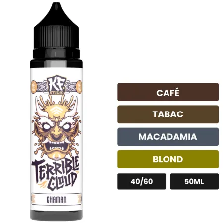 E-liquide Le Chaman de Cloud Vapor, 50 ml, saveurs café, tabac, macadamia et 1 autre.