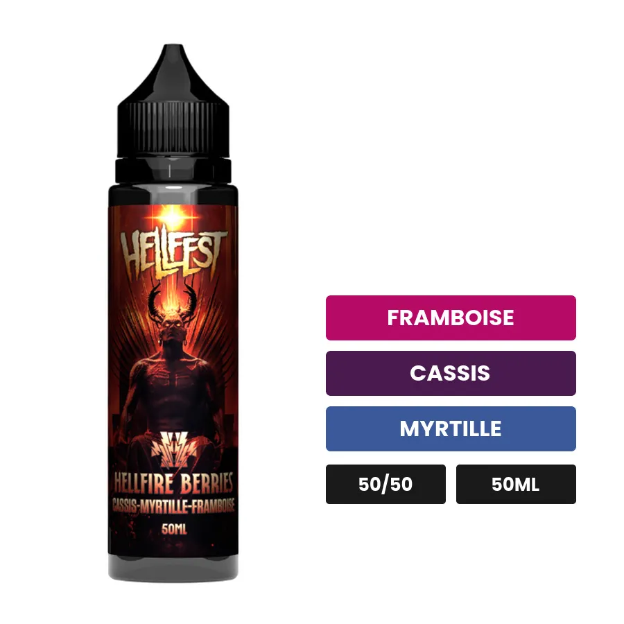 E-liquide Hellfire Berries de Cloud Vapor, 50 ml, saveurs framboise, cassis et myrtille.