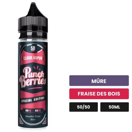E-liquide Punch Berries de Cloud Vapor, 50 ml, saveurs mûre et fraise des bois.