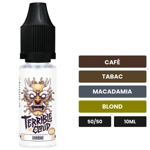 E-liquide Le Chaman de Cloud Vapor, 10 ml, saveurs café, tabac, macadamia et 1 autre.