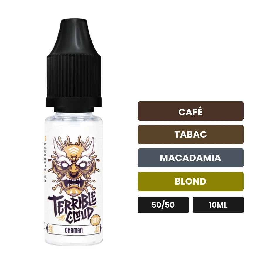 E-liquide Le Chaman de Cloud Vapor, 10 ml, saveurs café, tabac, macadamia et 1 autre.