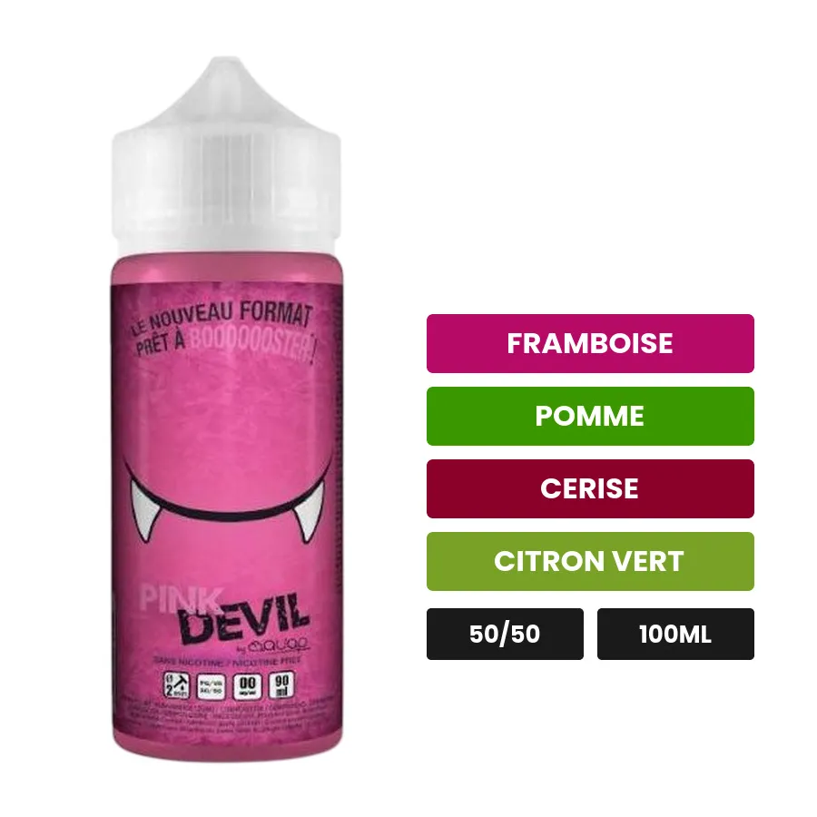 E-liquide Pink Devil d'Avap, 100 ml, saveurs framboise, pomme, cerise et 1 autre.