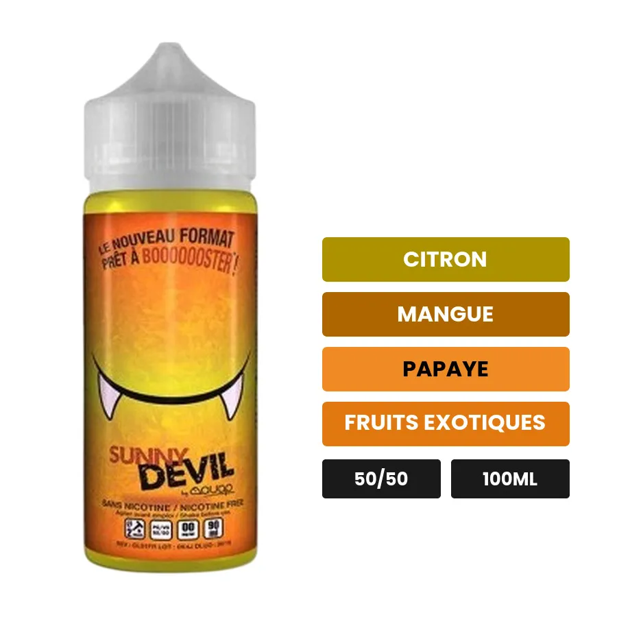 E-liquide Sunny Devil d'Avap, 100 ml, saveurs citron, mangue, papaye et 1 autre, sans nicotine — prêt à booster de nicotine.