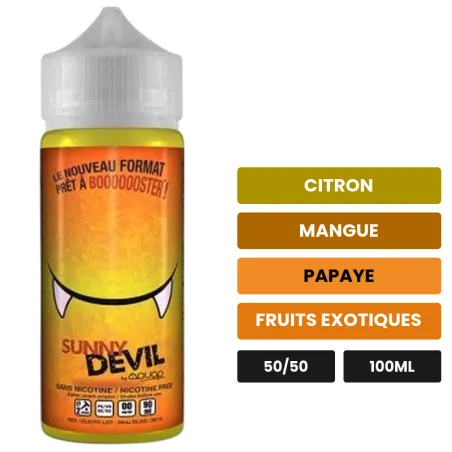 E-liquide Sunny Devil d'Avap, 100 ml, saveurs citron, mangue, papaye et 1 autre, sans nicotine — prêt à booster de nicotine.