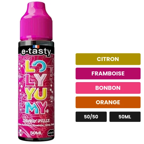 E-liquide Dragy Pills d'E.Tasty, 50 ml, saveurs citron, framboise, bonbon et 1 autre, sans nicotine — prêt à booster de.