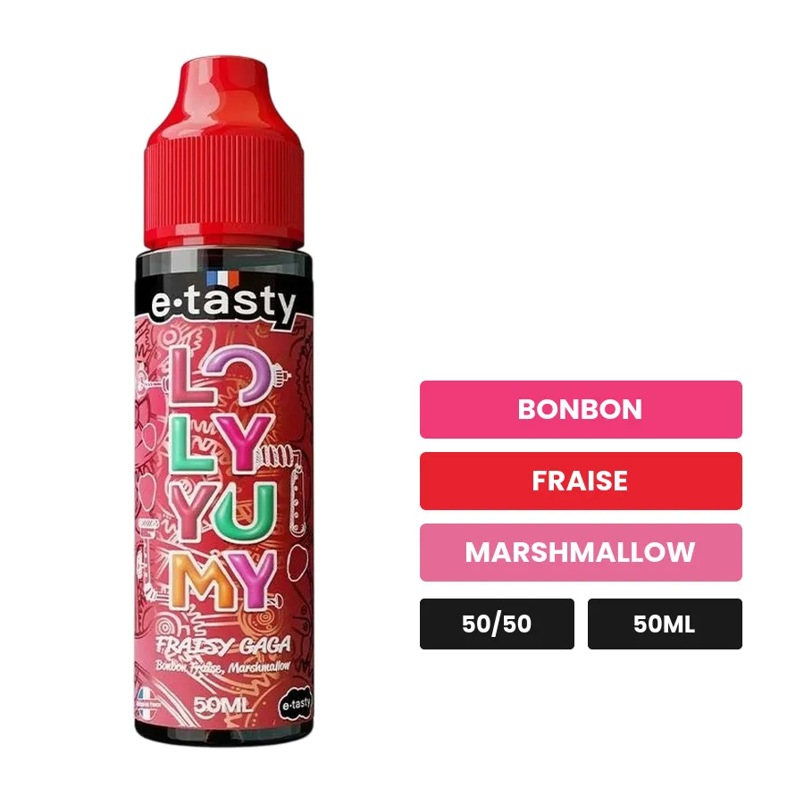 E-liquide Fraisy Gaga d'E.Tasty, 50 ml, saveurs bonbon, fraise et marshmallow, sans nicotine — prêt à booster de nicotine.