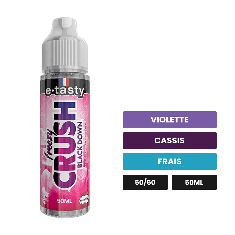 E-liquide Black Down d'E.Tasty, 50 ml, saveurs violette, cassis et frais, sans nicotine — prêt à booster de nicotine.