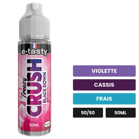 E-liquide Black Down d'E.Tasty, 50 ml, saveurs violette, cassis et frais, sans nicotine — prêt à booster de nicotine.