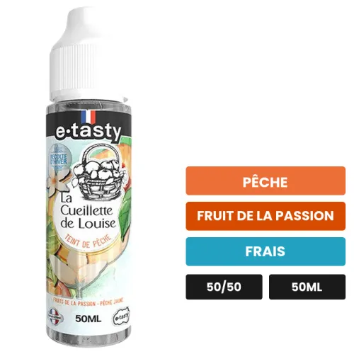 E-liquide Teint de pêche Récolte d'hiver d'E.Tasty, 50 ml, saveurs pêche, fruit de la passion et frais, sans nicotine — prêt.