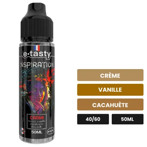 E-liquide Carmi d'E.Tasty, 50 ml, saveurs crème, vanille et cacahuète, sans nicotine — prêt à booster de nicotine.