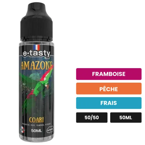 E-liquide Coari d'E.Tasty, 50 ml, saveurs framboise, pêche et frais, sans nicotine — prêt à booster de nicotine.