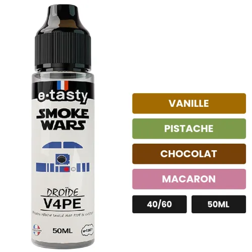 E-liquide Droïde V4Pe d'E.Tasty, 50 ml, saveurs vanille, pistache, chocolat et 1 autre, sans nicotine — prêt à booster de.