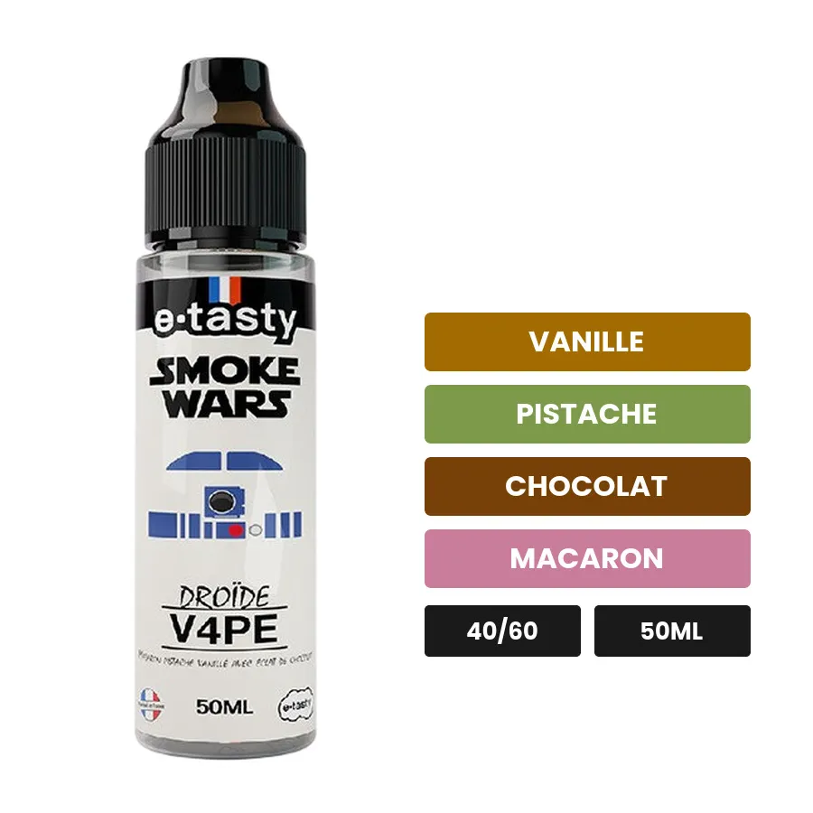 E-liquide Droïde V4Pe d'E.Tasty, 50 ml, saveurs vanille, pistache, chocolat et 1 autre, sans nicotine — prêt à booster de.