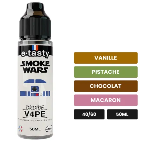 E-liquide Droïde V4Pe d'E.Tasty, 50 ml, saveurs vanille, pistache, chocolat et 1 autre, sans nicotine — prêt à booster de.