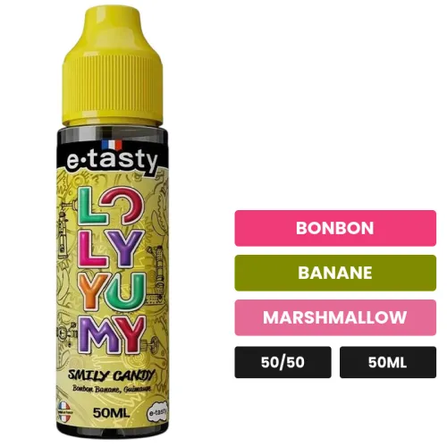 E-liquide Smily Candy d'E.Tasty, 50 ml, saveurs bonbon, banane et marshmallow, sans nicotine — prêt à booster de nicotine.