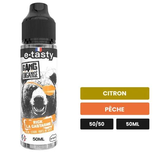 E-liquide Rick La Castagne d'E.Tasty, 50 ml, saveurs citron et pêche, sans nicotine — prêt à booster de nicotine.