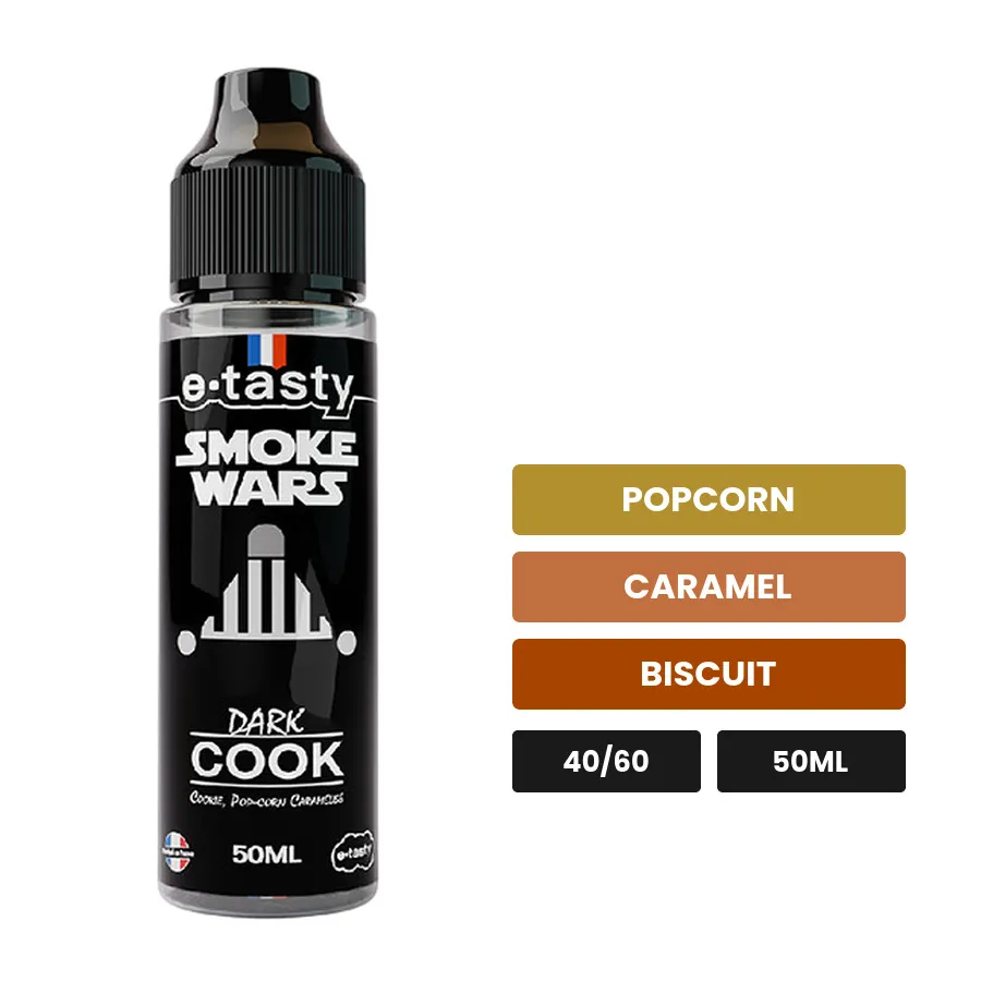 E-liquide Dark Cook d'E.Tasty, 50 ml, saveurs popcorn, caramel et biscuit, sans nicotine — prêt à booster de nicotine.