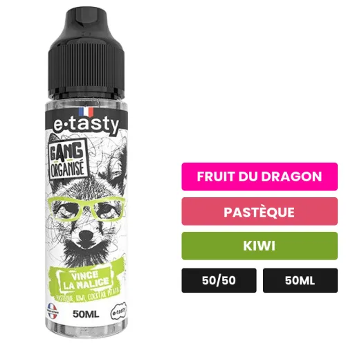 E-liquide Vince La Malice d'E.Tasty, 50 ml, saveurs fruit du dragon, pastèque et kiwi, sans nicotine — prêt à booster de.