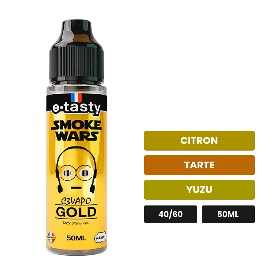 E-liquide C3vapo Gold d'E.Tasty, 50 ml, saveurs citron, tarte et yuzu, sans nicotine — prêt à booster de nicotine.