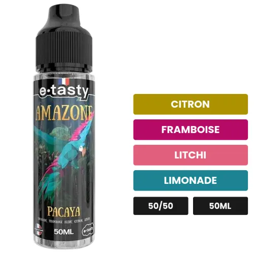 E-liquide Pacaya d'E.Tasty, 50 ml, saveurs citron, framboise, litchi et 1 autre, sans nicotine — prêt à booster de nicotine.
