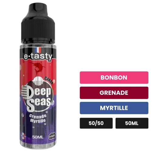 E-liquide Carda d'E.Tasty, 50 ml, saveurs bonbon, grenade et myrtille, sans nicotine — prêt à booster de nicotine.