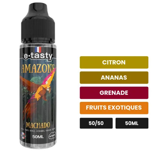 E-liquide Machado d'E.Tasty, 50 ml, saveurs citron, ananas, grenade et 2 autres, sans nicotine — prêt à booster de nicotine.