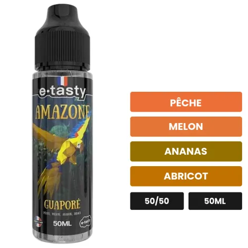 E-liquide Guaporé d'E.Tasty, 50 ml, saveurs pêche, melon, ananas et 2 autres, sans nicotine — prêt à booster de nicotine.