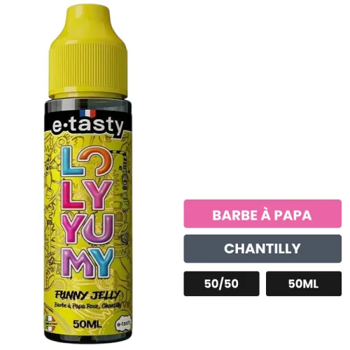 E-liquide Funny Jelly d'E.Tasty, 50 ml, saveurs barbe à papa et chantilly, sans nicotine — prêt à booster de nicotine.