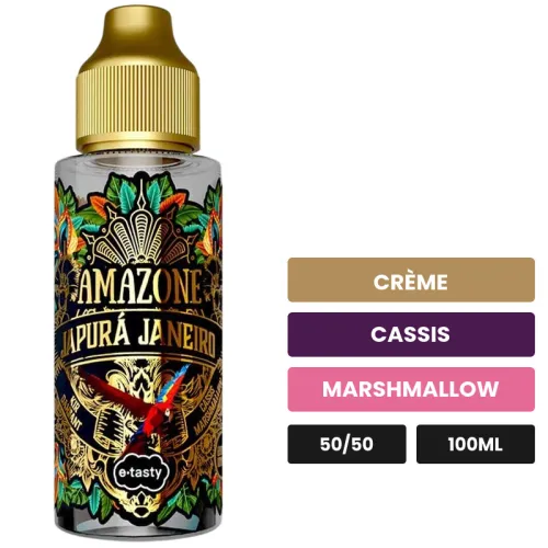 E-liquide Japurá Janeiro d'E.Tasty, 100 ml, saveurs crème, cassis et marshmallow, sans nicotine — prêt à booster de nicotine.