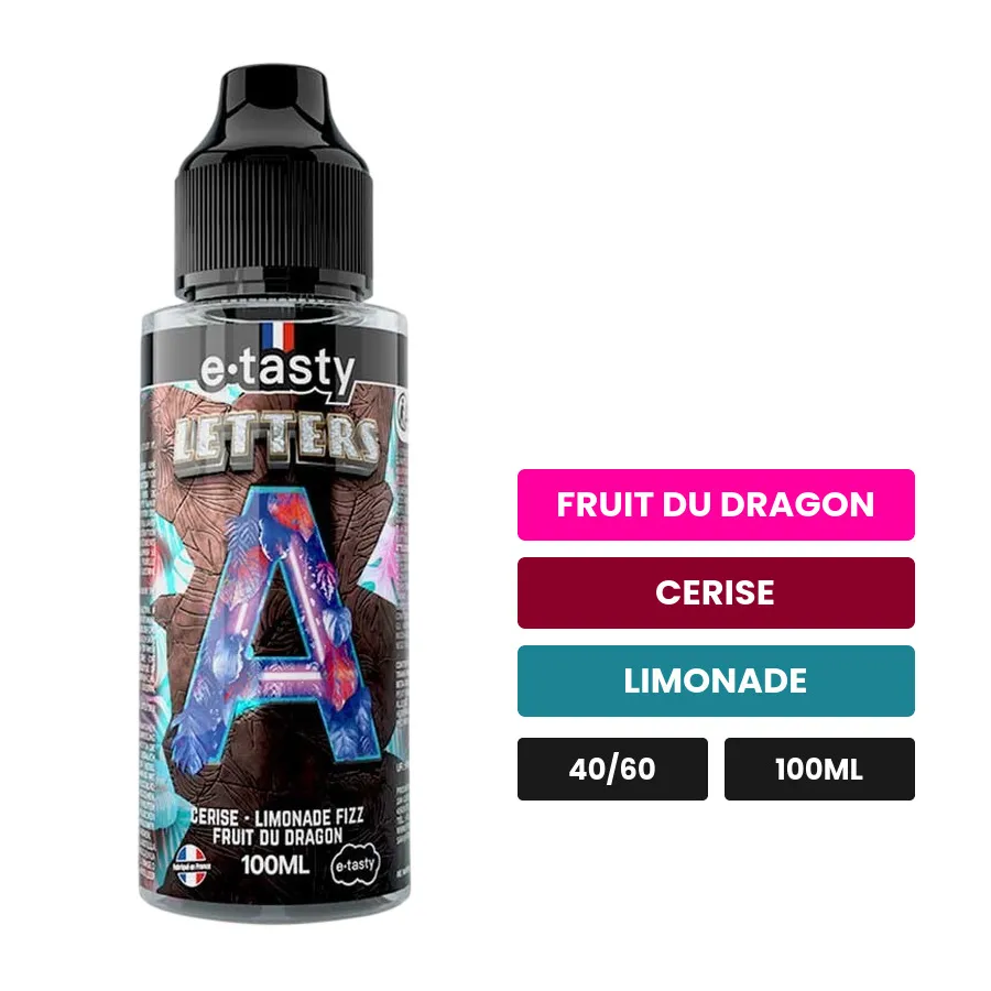 E-liquide Letters A d'E.Tasty, 100 ml, saveurs fruit du dragon, cerise et limonade, sans nicotine — prêt à booster de.