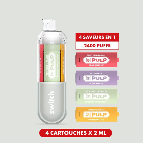Kit Le Pod Switch 2400 4en1 (+ Pod 2ml) Gris Pulp - Fruit Du Dragon, Raisin Noir, Peche Melon Glaces, Mangue Glacee