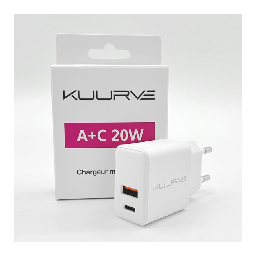 ADAPTATEUR CHARGEUR SECTEUR USB + USB C KUURVE