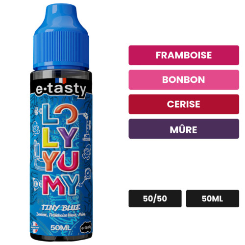 E-liquide Tiny Blue d'E.Tasty, 50 ml, saveurs framboise, bonbon, cerise et 2 autres.